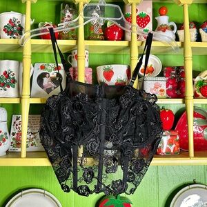 Goth Sexy Black Sheer Floral Embroidered Roses Bustier Corset Size XL Whimsygoth